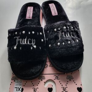 Juicy Couture Fur Slippers Embroidered Logo Womens size XL black